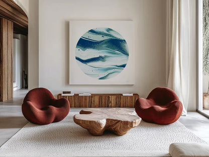 Dark Matter Blue II by Piper Rhue. Shown as extra-large giant wall art in a modern living room. Available as an archival giclee rolled canvas, fine art paper, or poster print. SKU 53962a.