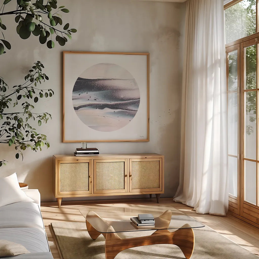 Dark Matter I by Piper Rhue. Shown in a natural wood frame in a cozy modern living room. Available as an archival giclee rolled canvas, fine art paper, or poster print. SKU 30500a.