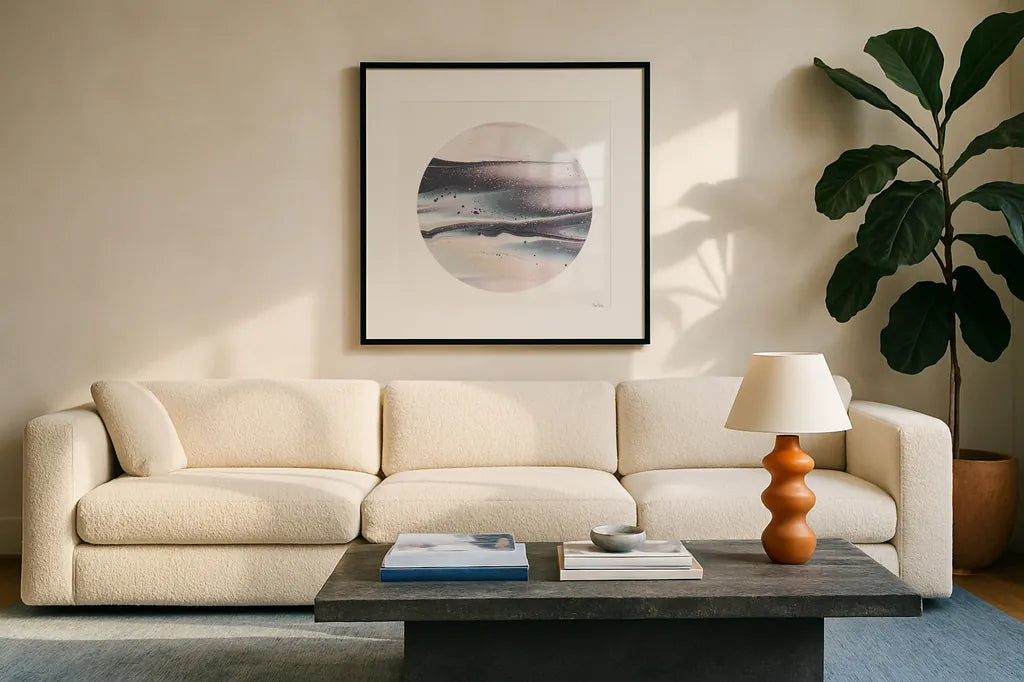 Dark Matter I by Piper Rhue. Displayed in a glass frame with matte in a clean modern living room. Available as an archival giclee rolled canvas, fine art paper, or poster print. SKU 30500a.