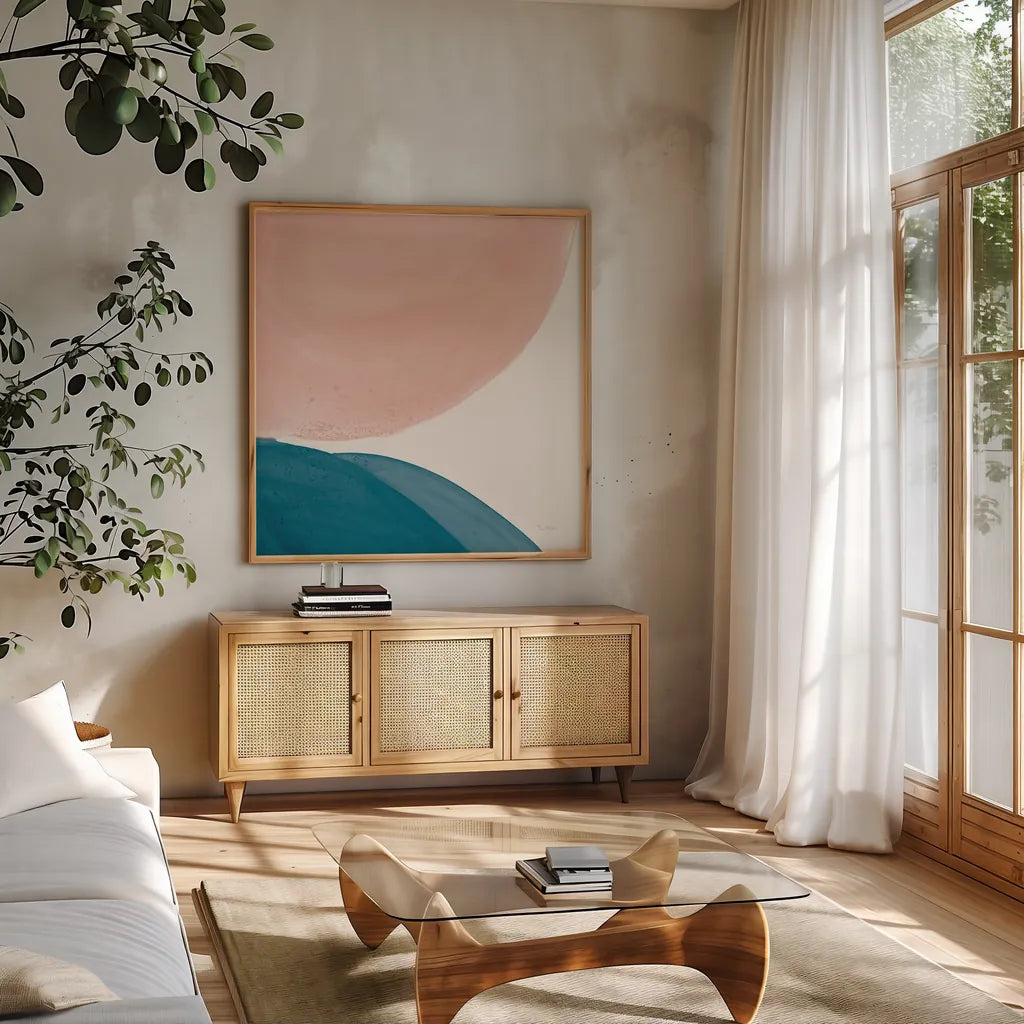 Eventide Pools II by Piper Rhue. Shown in a natural wood frame in a cozy modern living room. Available as an archival giclee rolled canvas, fine art paper, or poster print. SKU 70969a.