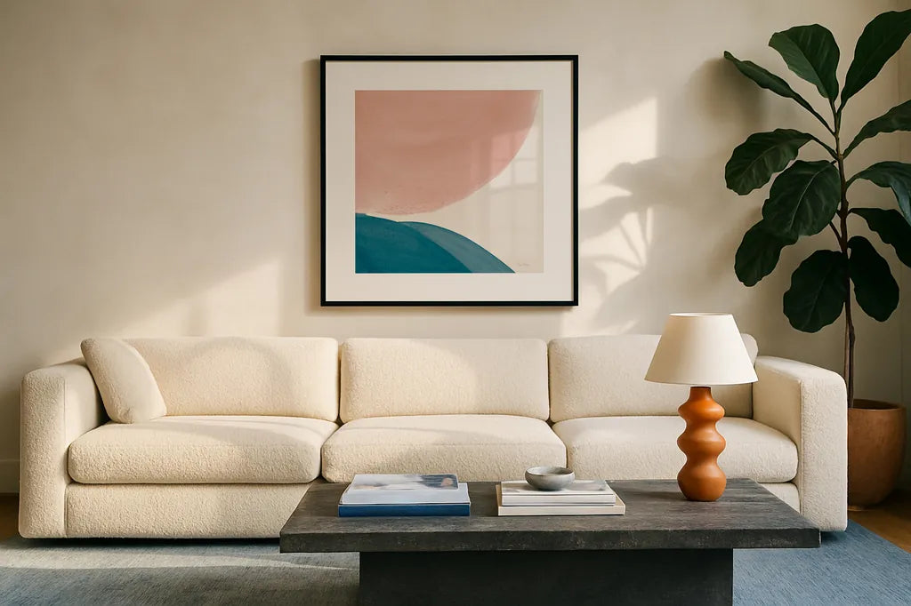 Eventide Pools II by Piper Rhue. Displayed in a glass frame with matte in a clean modern living room. Available as an archival giclee rolled canvas, fine art paper, or poster print. SKU 70969a.