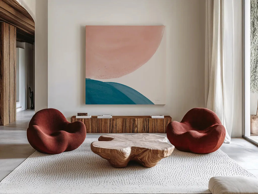 Eventide Pools II by Piper Rhue. Shown as extra-large giant wall art in a modern living room. Available as an archival giclee rolled canvas, fine art paper, or poster print. SKU 70969a.