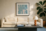 Flowing Water I by Piper Rhue. Displayed in a glass frame with matte in a clean modern living room. Available as an archival giclee rolled canvas, fine art paper, or poster print. SKU 30440a.