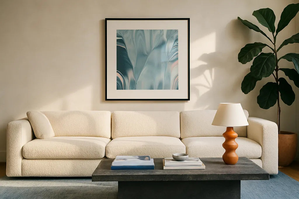 Flowing Water II by Piper Rhue. Displayed in a glass frame with matte in a clean modern living room. Available as an archival giclee rolled canvas, fine art paper, or poster print. SKU 30441a.