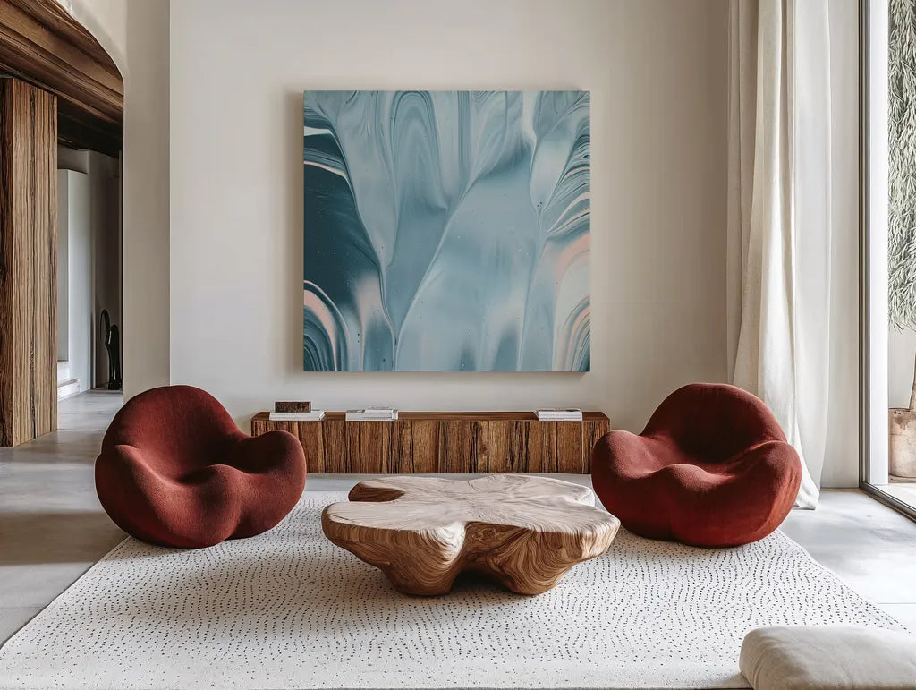 Flowing Water II by Piper Rhue. Shown as extra-large giant wall art in a modern living room. Available as an archival giclee rolled canvas, fine art paper, or poster print. SKU 30441a.