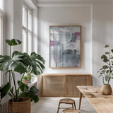 Foggy City by Piper Rhue. shown as a print in a natural wood frame in a dining room. Available as a archival giclee rolled canvas, fine art paper, or poster print. SKU 35302h.