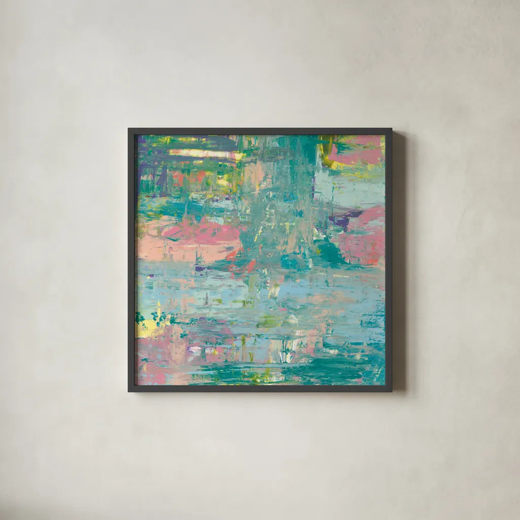 Islands Abstract I by Piper Rhue. Shown in a sleek black glass frame for a contemporary gallery look. Available as an archival giclee rolled canvas, fine art paper, or poster print. SKU 52192a.