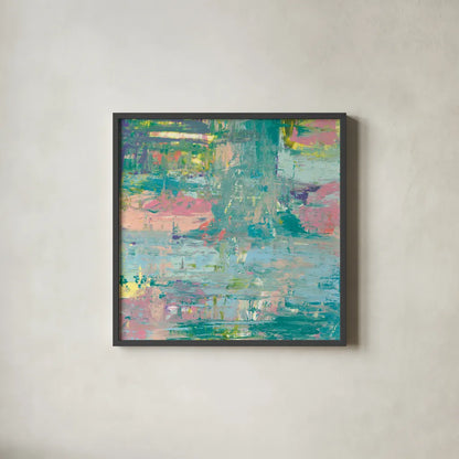 Islands Abstract I by Piper Rhue. Shown in a sleek black glass frame for a contemporary gallery look. Available as an archival giclee rolled canvas, fine art paper, or poster print. SKU 52192a.