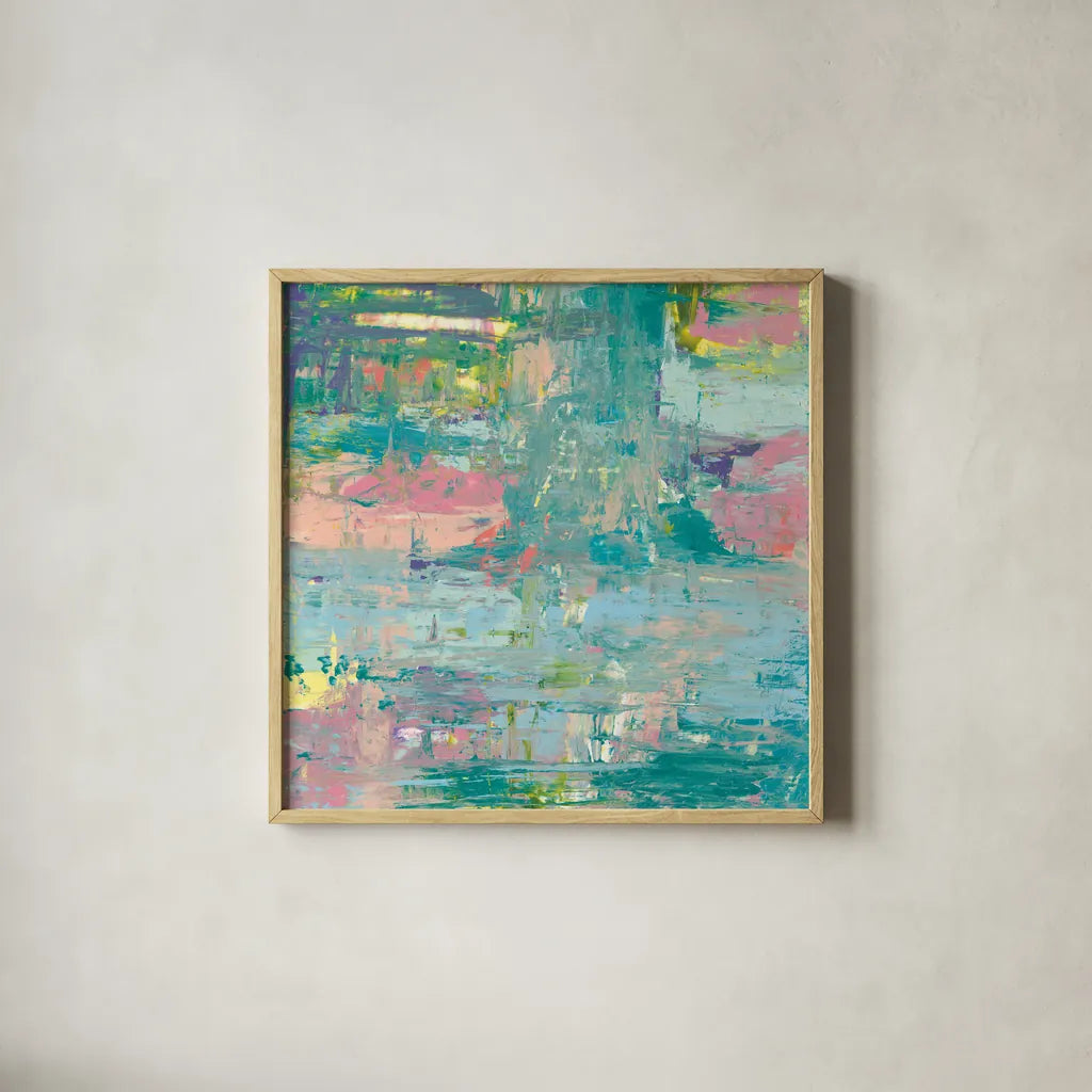 Islands Abstract I by Piper Rhue. Shown in a natural wood glass frame for a timeless modern aesthetic. Available as an archival giclee rolled canvas, fine art paper, or poster print. SKU 52192a.