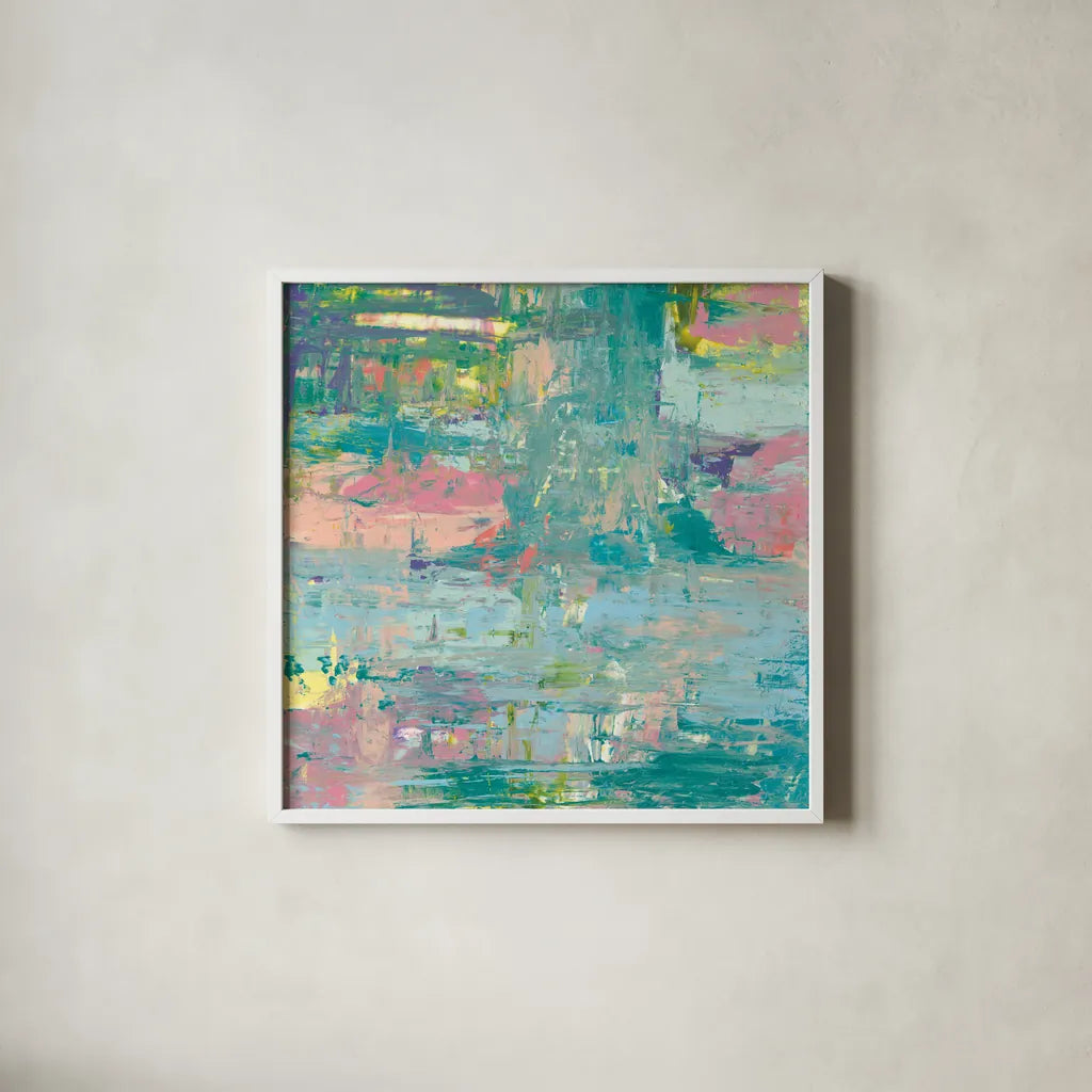 Islands Abstract I by Piper Rhue. Shown in a crisp white glass frame for a clean and minimalist style. Available as an archival giclee rolled canvas, fine art paper, or poster print. SKU 52192a.
