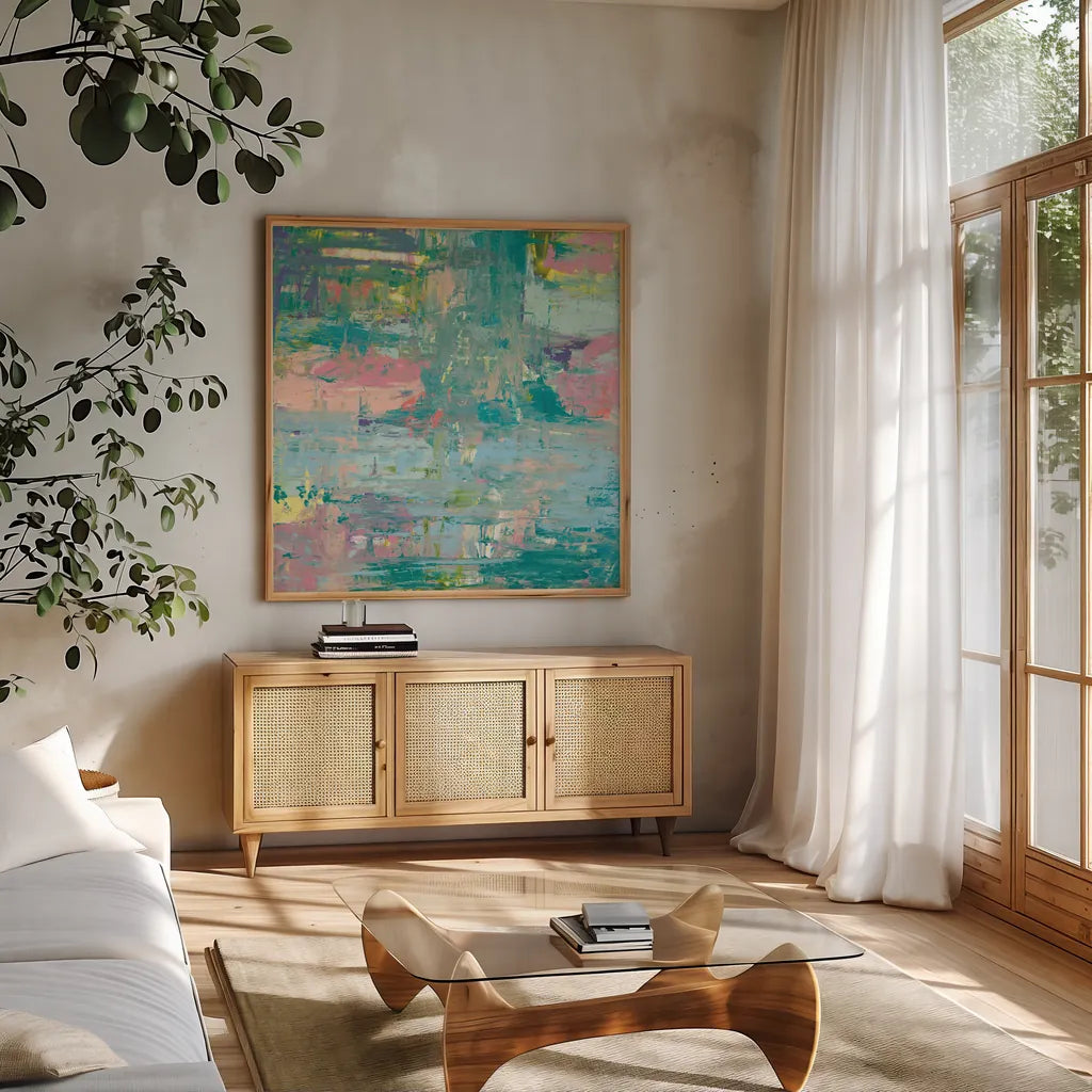Islands Abstract I by Piper Rhue. Shown in a natural wood frame in a cozy modern living room. Available as an archival giclee rolled canvas, fine art paper, or poster print. SKU 52192a.