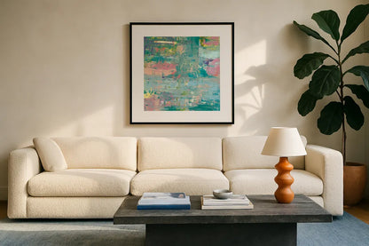Islands Abstract I by Piper Rhue. Displayed in a glass frame with matte in a clean modern living room. Available as an archival giclee rolled canvas, fine art paper, or poster print. SKU 52192a.