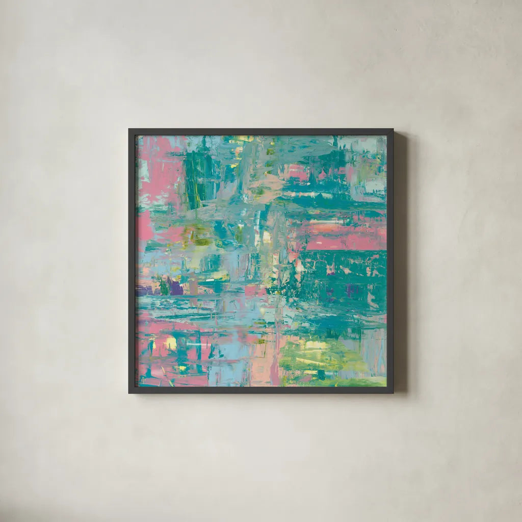 Islands Abstract II by Piper Rhue. Shown in a sleek black glass frame for a contemporary gallery look. Available as an archival giclee rolled canvas, fine art paper, or poster print. SKU 52193a.