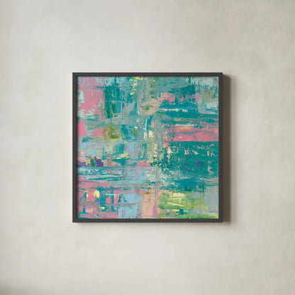 Islands Abstract II by Piper Rhue. Shown in a sleek black glass frame for a contemporary gallery look. Available as an archival giclee rolled canvas, fine art paper, or poster print. SKU 52193a.