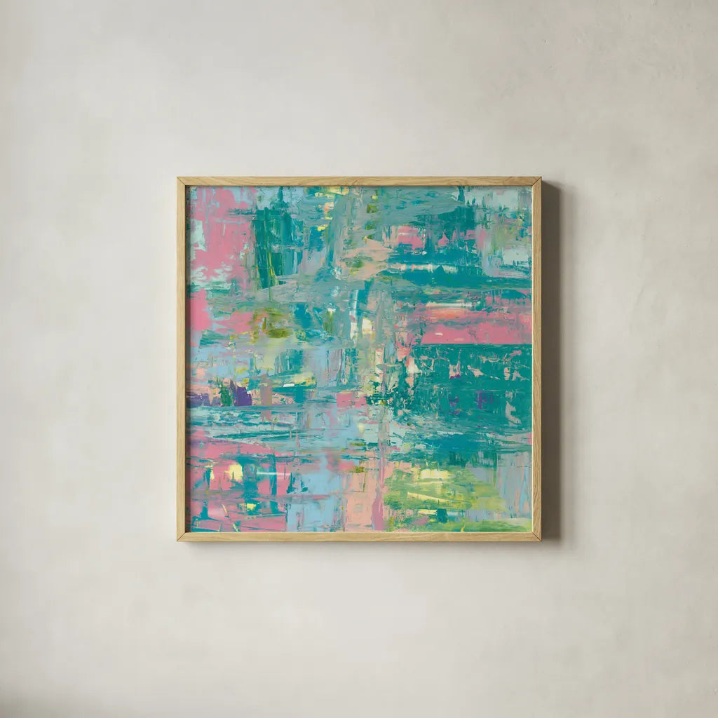 Islands Abstract II by Piper Rhue. Shown in a natural wood glass frame for a timeless modern aesthetic. Available as an archival giclee rolled canvas, fine art paper, or poster print. SKU 52193a.