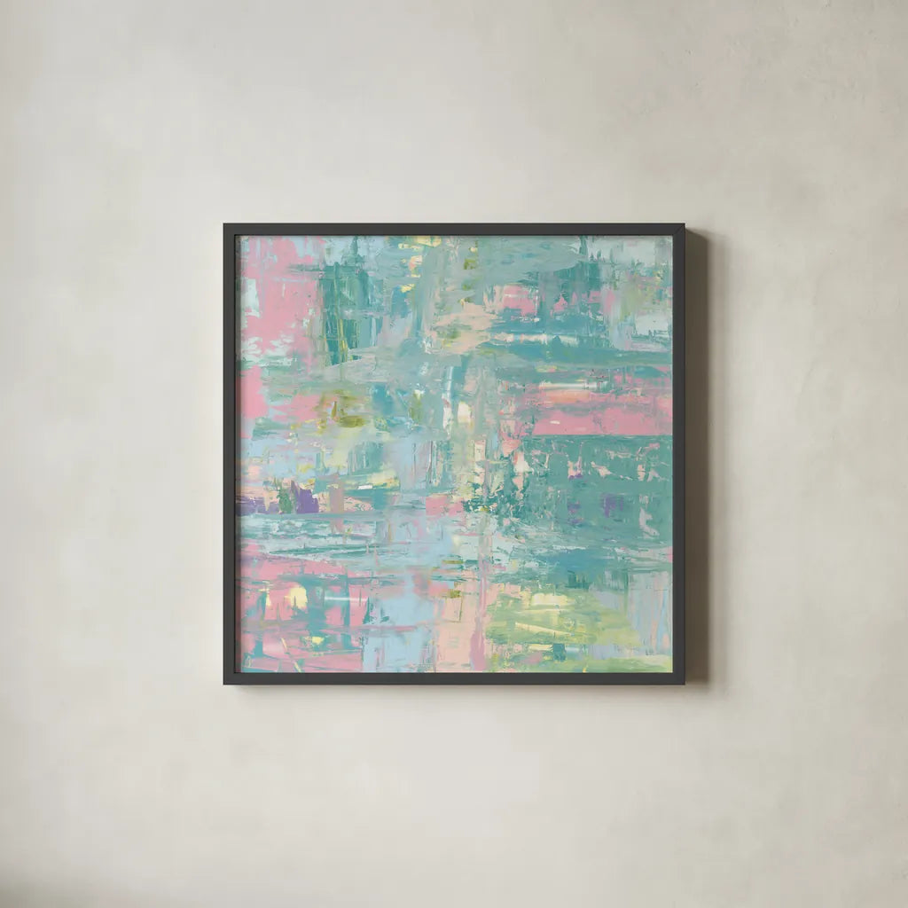 Islands Abstract II Pastel by Piper Rhue. Shown in a sleek black glass frame for a contemporary gallery look. Available as an archival giclee rolled canvas, fine art paper, or poster print. SKU 56716a.