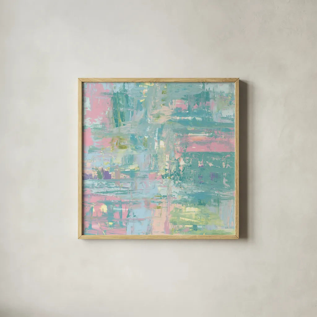 Islands Abstract II Pastel by Piper Rhue. Shown in a natural wood glass frame for a timeless modern aesthetic. Available as an archival giclee rolled canvas, fine art paper, or poster print. SKU 56716a.