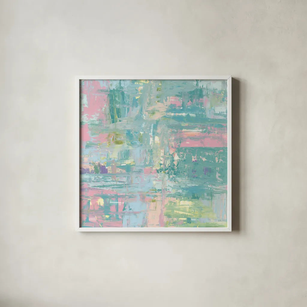 Islands Abstract II Pastel by Piper Rhue. Shown in a crisp white glass frame for a clean and minimalist style. Available as an archival giclee rolled canvas, fine art paper, or poster print. SKU 56716a.