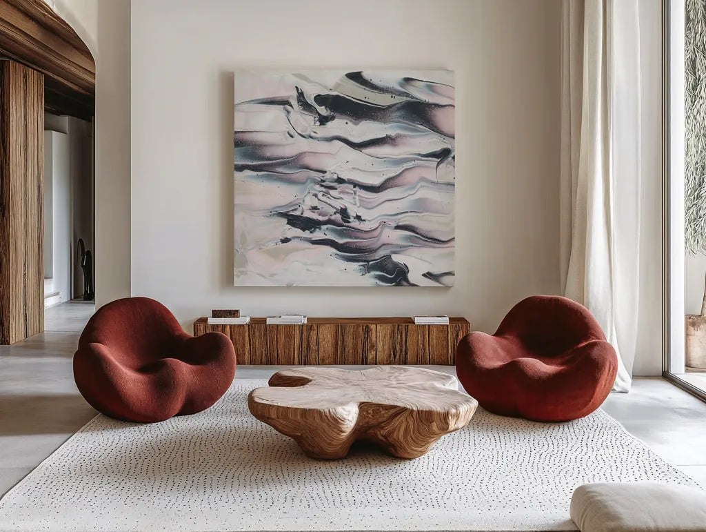 Marbling V Crop by Piper Rhue. Shown as extra-large giant wall art in a modern living room. Available as an archival giclee rolled canvas, fine art paper, or poster print. SKU 30000a.