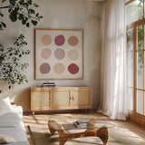 Mesa Designs V by Piper Rhue. Shown in a natural wood frame in a cozy modern living room. Available as an archival giclee rolled canvas, fine art paper, or poster print. SKU 43243a.