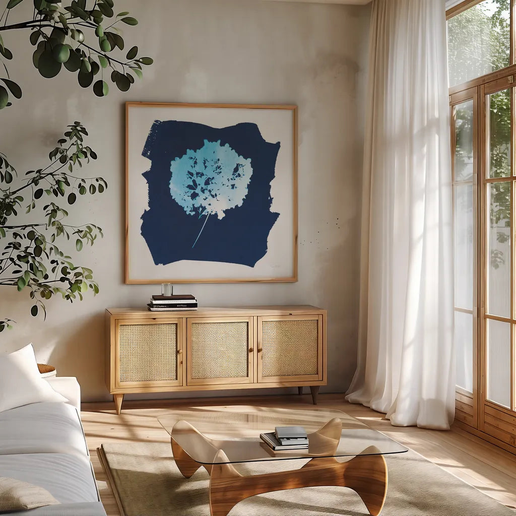 Nature By The Lake - Flowers I by Piper Rhue. Shown in a natural wood frame in a cozy modern living room. Available as an archival giclee rolled canvas, fine art paper, or poster print. SKU 50089a.