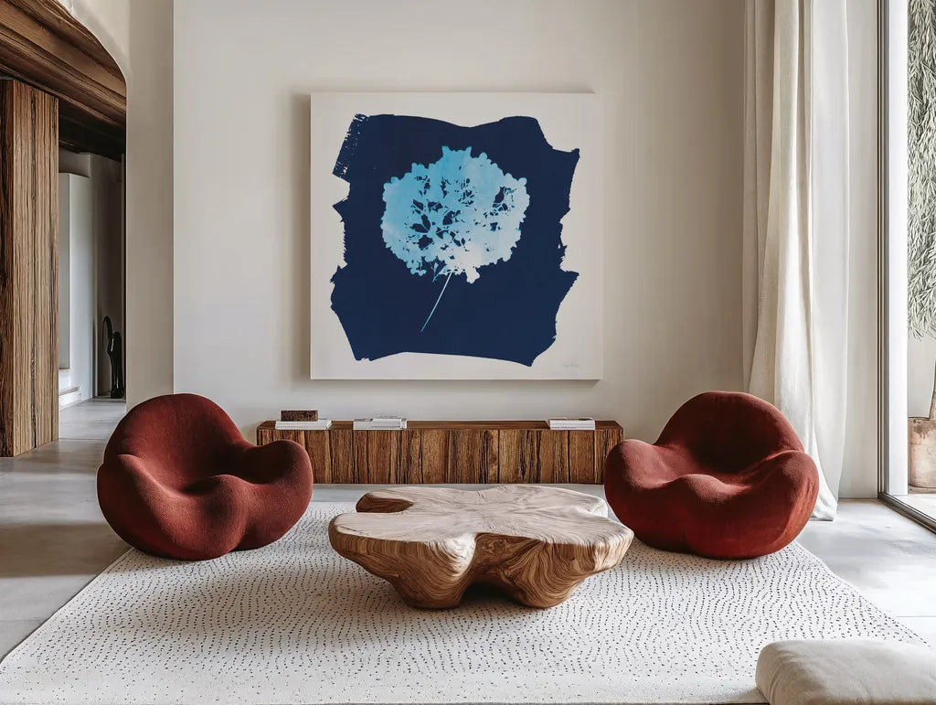 Nature By The Lake - Flowers I by Piper Rhue. Shown as extra-large giant wall art in a modern living room. Available as an archival giclee rolled canvas, fine art paper, or poster print. SKU 50089a.