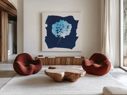 Nature By The Lake - Flowers I by Piper Rhue. Shown as extra-large giant wall art in a modern living room. Available as an archival giclee rolled canvas, fine art paper, or poster print. SKU 50089a.