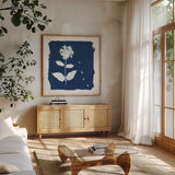Nature By The Lake - Flowers II by Piper Rhue. Shown in a natural wood frame in a cozy modern living room. Available as an archival giclee rolled canvas, fine art paper, or poster print. SKU 50090a.