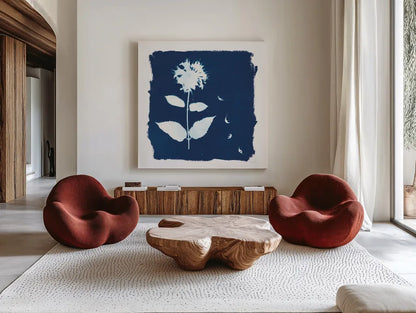 Nature By The Lake - Flowers II by Piper Rhue. Shown as extra-large giant wall art in a modern living room. Available as an archival giclee rolled canvas, fine art paper, or poster print. SKU 50090a.