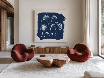 Nature By The Lake - Flowers IV by Piper Rhue. Shown as extra-large giant wall art in a modern living room. Available as an archival giclee rolled canvas, fine art paper, or poster print. SKU 50092a.