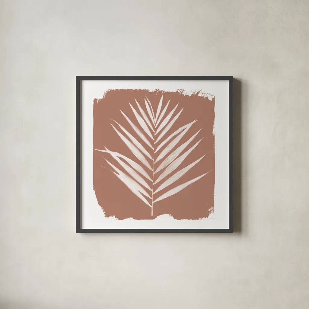 Nature by the Lake - Frond III Warm Sq by Piper Rhue. Shown in a sleek black glass frame for a contemporary gallery look. Available as an archival giclee rolled canvas, fine art paper, or poster print. SKU 60545a.
