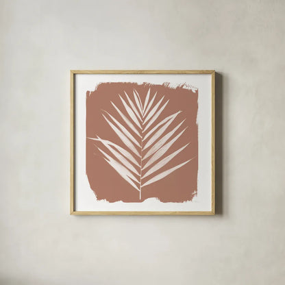 Nature by the Lake - Frond III Warm Sq by Piper Rhue. Shown in a natural wood glass frame for a timeless modern aesthetic. Available as an archival giclee rolled canvas, fine art paper, or poster print. SKU 60545a.