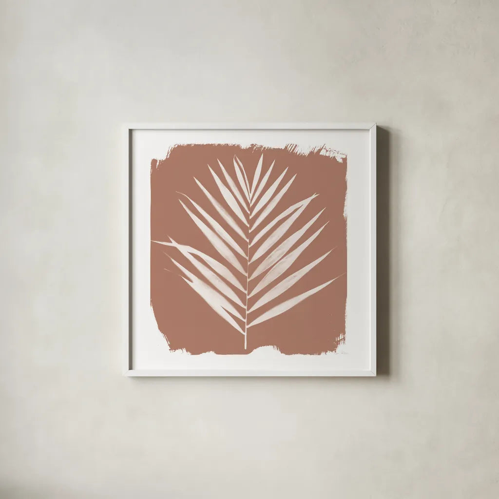 Nature by the Lake - Frond III Warm Sq by Piper Rhue. Shown in a crisp white glass frame for a clean and minimalist style. Available as an archival giclee rolled canvas, fine art paper, or poster print. SKU 60545a.