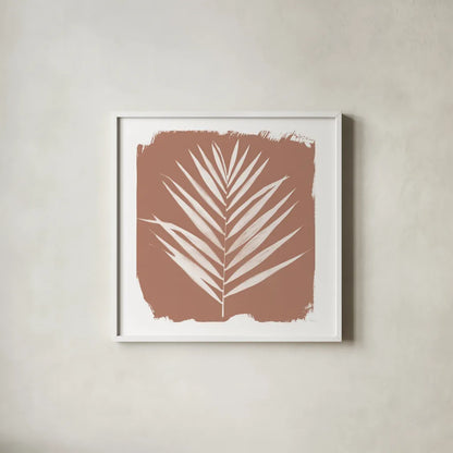 Nature by the Lake - Frond III Warm Sq by Piper Rhue. Shown in a crisp white glass frame for a clean and minimalist style. Available as an archival giclee rolled canvas, fine art paper, or poster print. SKU 60545a.