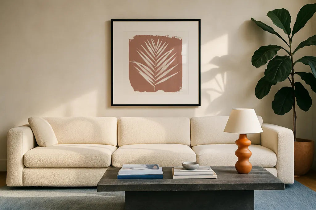 Nature by the Lake - Frond III Warm Sq by Piper Rhue. Displayed in a glass frame with matte in a clean modern living room. Available as an archival giclee rolled canvas, fine art paper, or poster print. SKU 60545a.