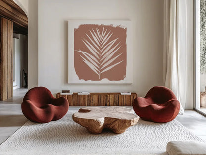 Nature by the Lake - Frond III Warm Sq by Piper Rhue. Shown as extra-large giant wall art in a modern living room. Available as an archival giclee rolled canvas, fine art paper, or poster print. SKU 60545a.