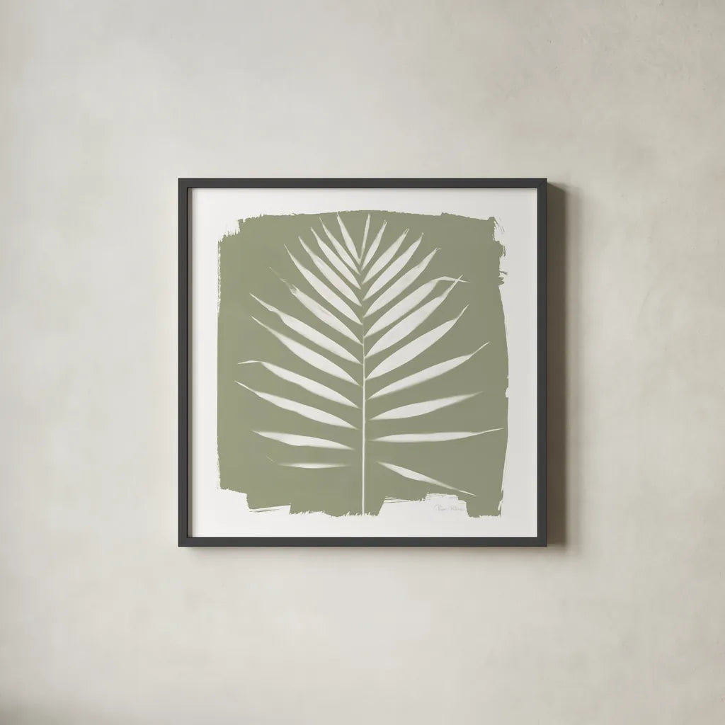Nature by the Lake - Frond IV Warm Sq by Piper Rhue. Shown in a sleek black glass frame for a contemporary gallery look. Available as an archival giclee rolled canvas, fine art paper, or poster print. SKU 60546a.