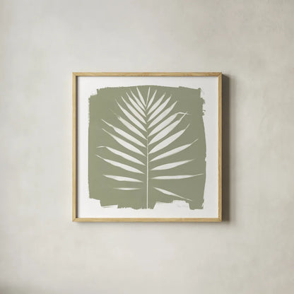 Nature by the Lake - Frond IV Warm Sq by Piper Rhue. Shown in a natural wood glass frame for a timeless modern aesthetic. Available as an archival giclee rolled canvas, fine art paper, or poster print. SKU 60546a.