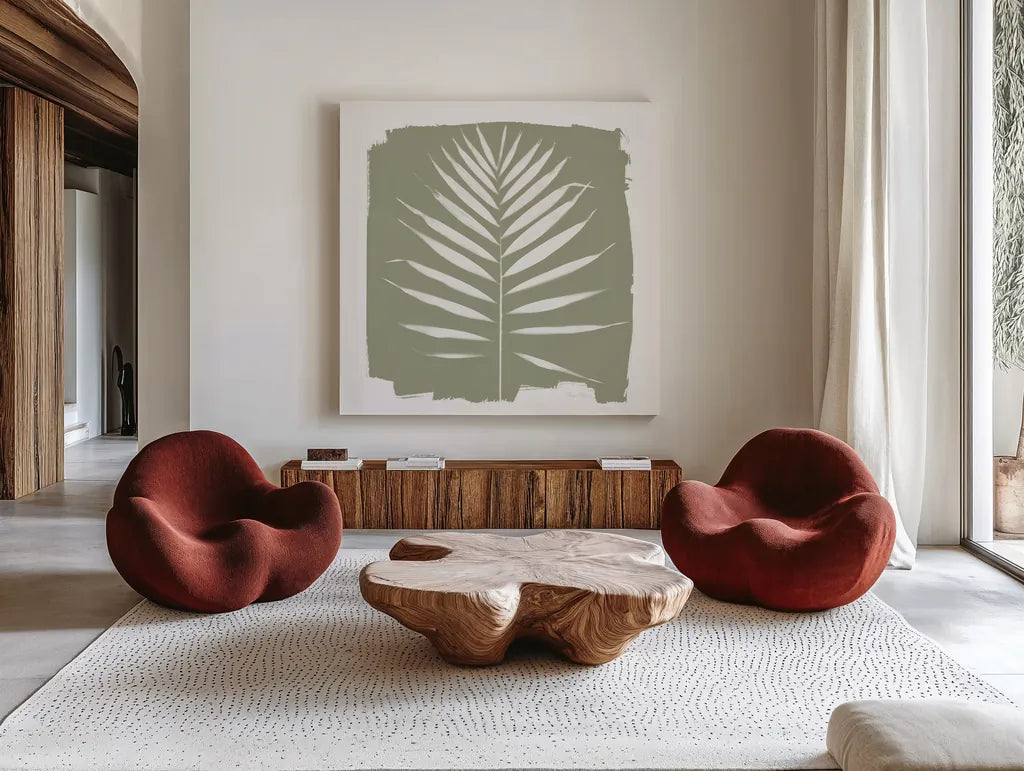 Nature by the Lake - Frond IV Warm Sq by Piper Rhue. Shown as extra-large giant wall art in a modern living room. Available as an archival giclee rolled canvas, fine art paper, or poster print. SKU 60546a.