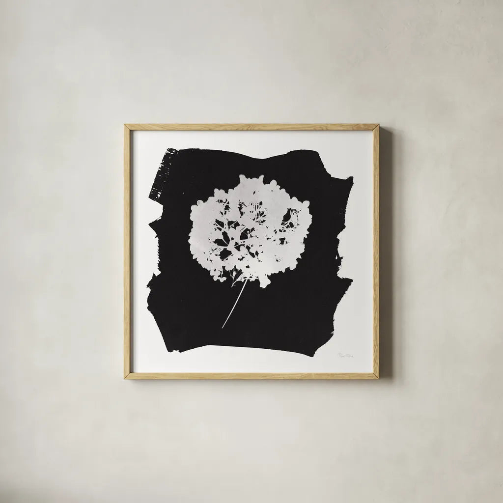 Nature by the Lake Flowers I Black by Piper Rhue. Shown in a natural wood glass frame for a timeless modern aesthetic. Available as an archival giclee rolled canvas, fine art paper, or poster print. SKU 51199a.