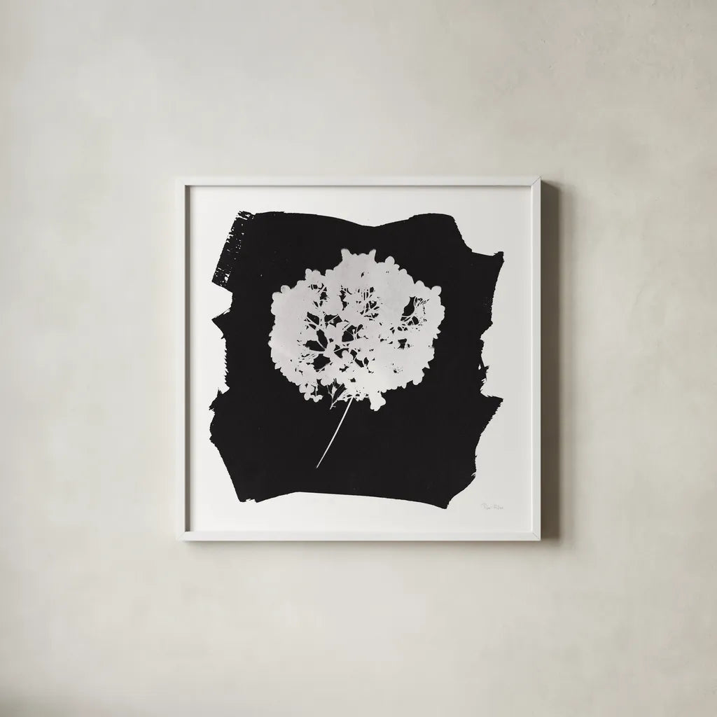 Nature by the Lake Flowers I Black by Piper Rhue. Shown in a crisp white glass frame for a clean and minimalist style. Available as an archival giclee rolled canvas, fine art paper, or poster print. SKU 51199a.