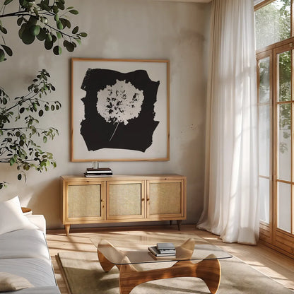 Nature by the Lake Flowers I Black by Piper Rhue. Shown in a natural wood frame in a cozy modern living room. Available as an archival giclee rolled canvas, fine art paper, or poster print. SKU 51199a.