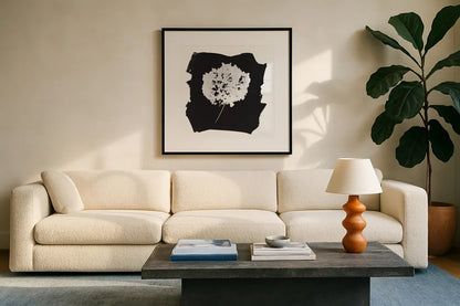 Nature by the Lake Flowers I Black by Piper Rhue. Displayed in a glass frame with matte in a clean modern living room. Available as an archival giclee rolled canvas, fine art paper, or poster print. SKU 51199a.