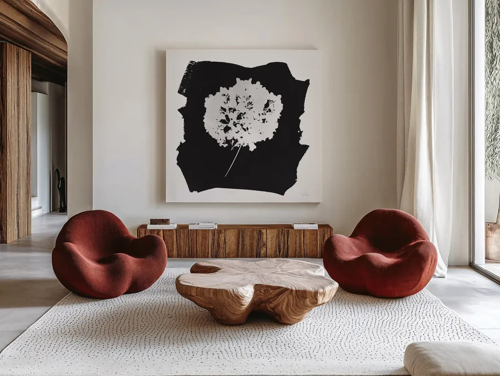 Nature by the Lake Flowers I Black by Piper Rhue. Shown as extra-large giant wall art in a modern living room. Available as an archival giclee rolled canvas, fine art paper, or poster print. SKU 51199a.