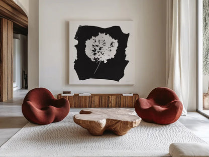 Nature by the Lake Flowers I Black by Piper Rhue. Shown as extra-large giant wall art in a modern living room. Available as an archival giclee rolled canvas, fine art paper, or poster print. SKU 51199a.
