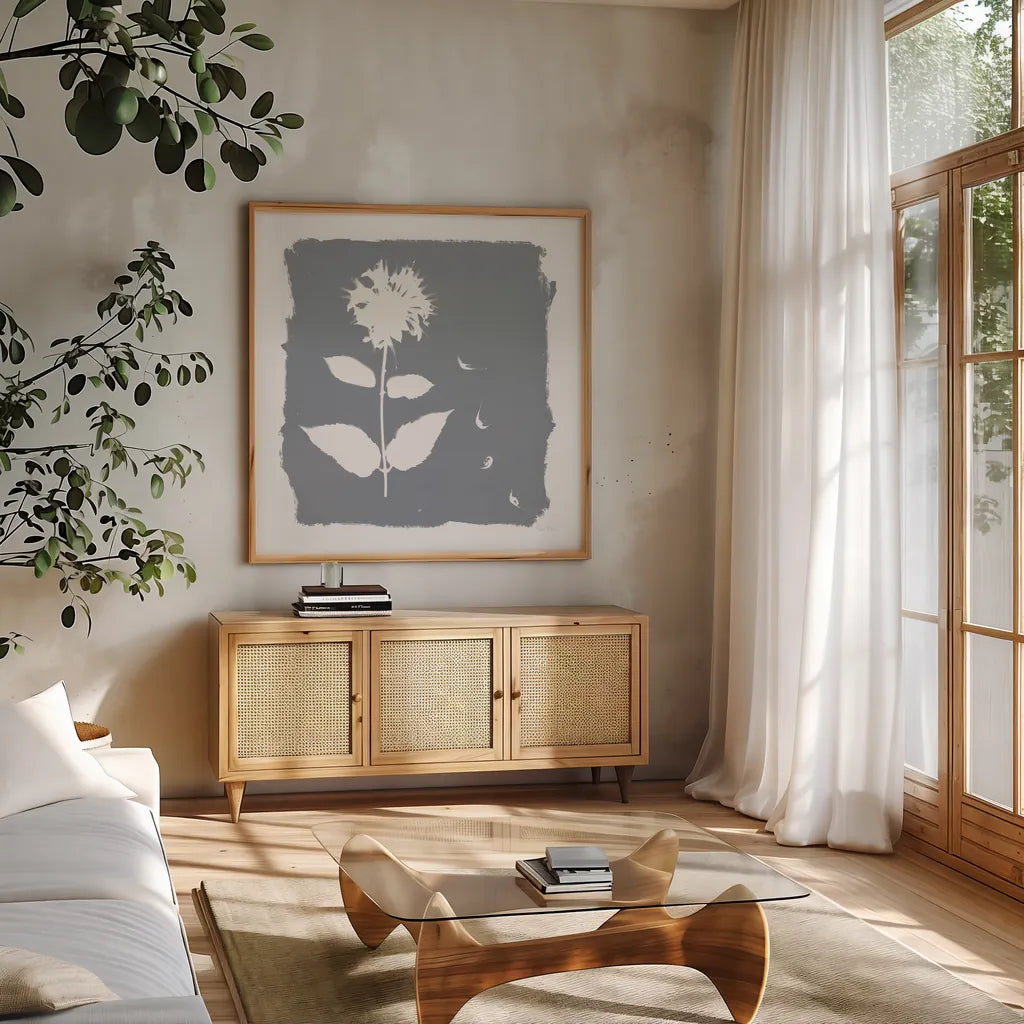 Nature by the Lake Flowers II Neutral by Piper Rhue. Shown in a natural wood frame in a cozy modern living room. Available as an archival giclee rolled canvas, fine art paper, or poster print. SKU 71830a.