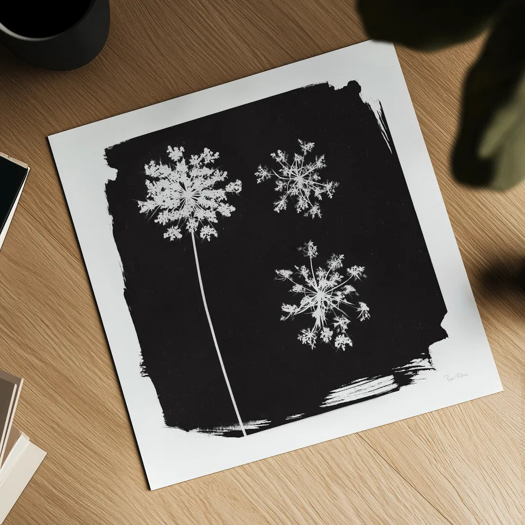 Nature by the Lake Flowers III Black by Piper Rhue. Shown as a detailed flat fine art print, highlighting archival giclee quality. Available as an archival giclee rolled canvas, fine art paper, or poster print. SKU 51201a.
