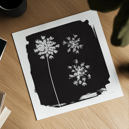 Nature by the Lake Flowers III Black by Piper Rhue. Shown as a detailed flat fine art print, highlighting archival giclee quality. Available as an archival giclee rolled canvas, fine art paper, or poster print. SKU 51201a.