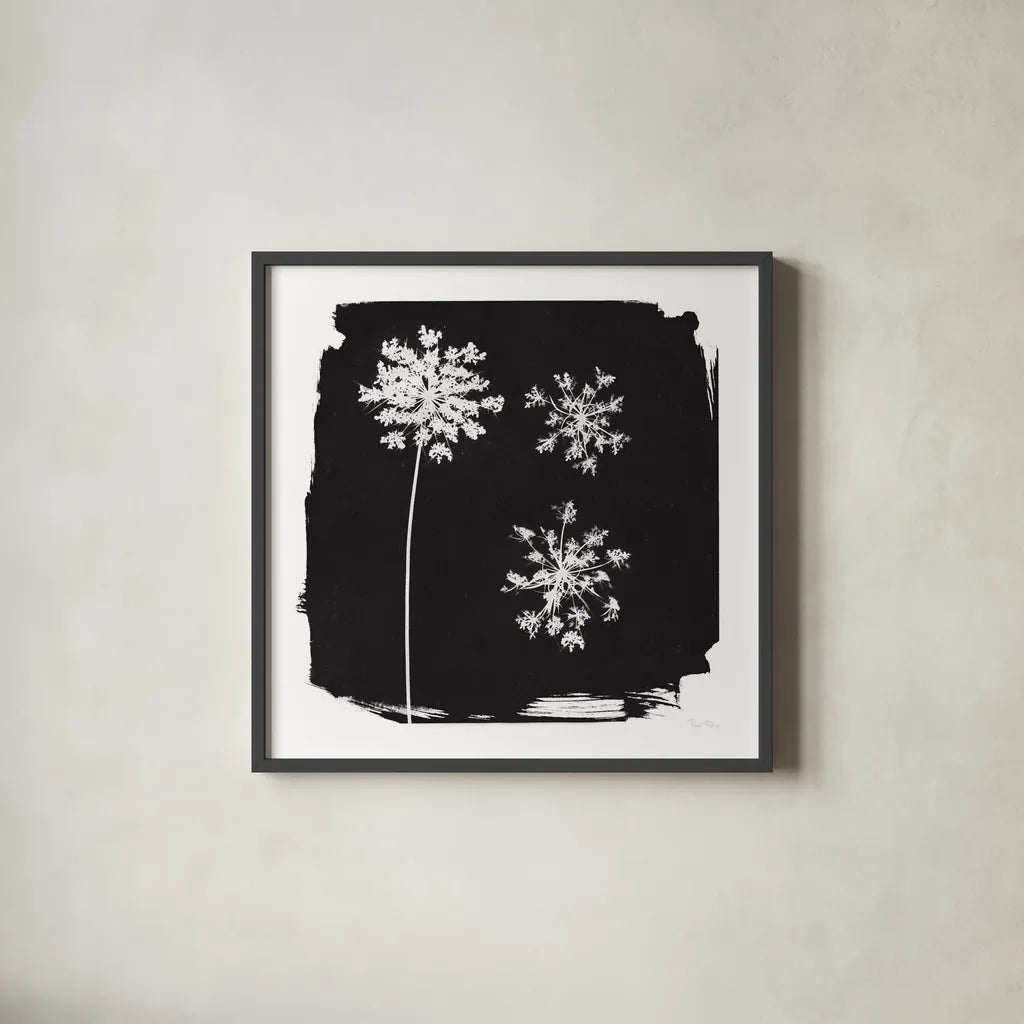 Nature by the Lake Flowers III Black by Piper Rhue. Shown in a sleek black glass frame for a contemporary gallery look. Available as an archival giclee rolled canvas, fine art paper, or poster print. SKU 51201a.
