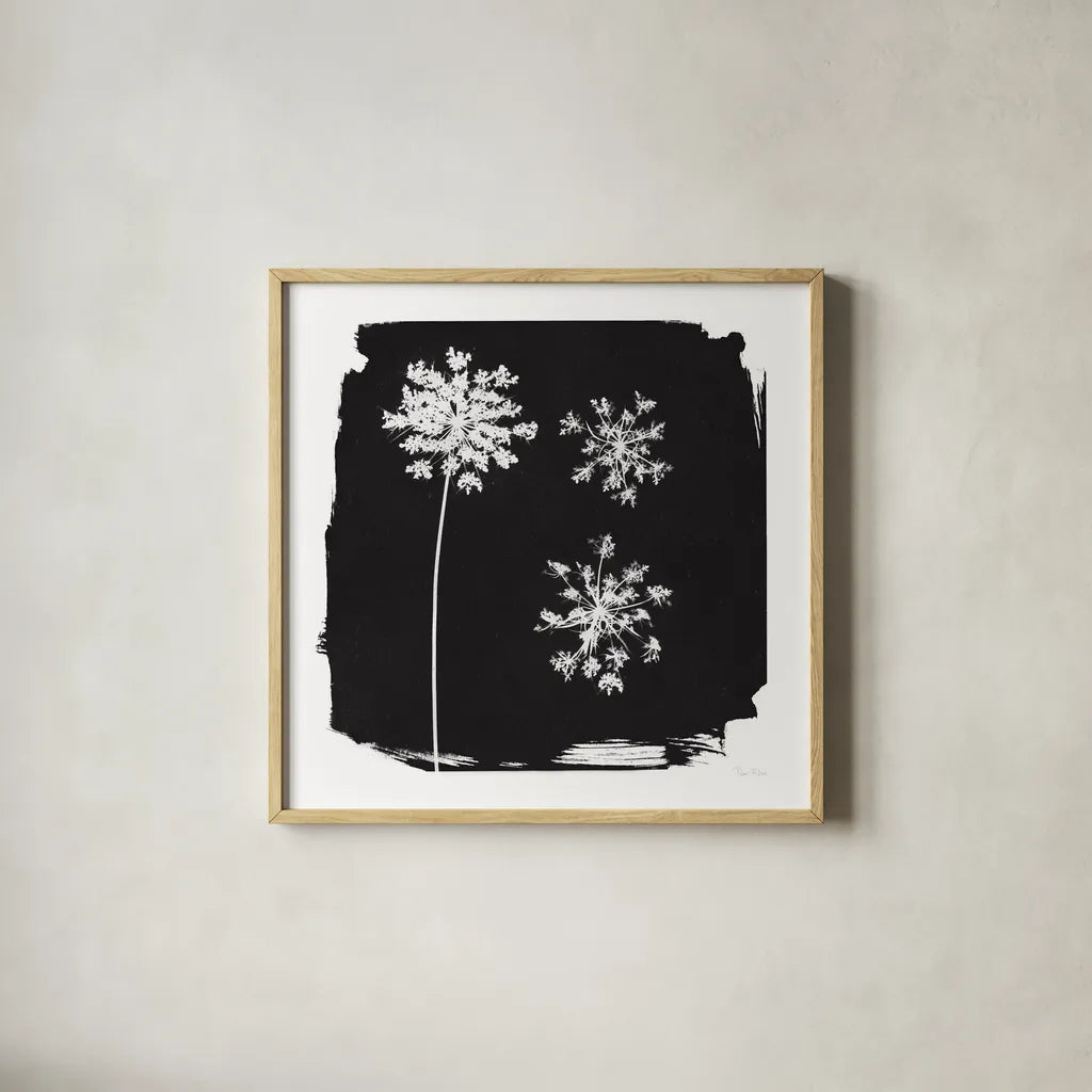 Nature by the Lake Flowers III Black by Piper Rhue. Shown in a natural wood glass frame for a timeless modern aesthetic. Available as an archival giclee rolled canvas, fine art paper, or poster print. SKU 51201a.